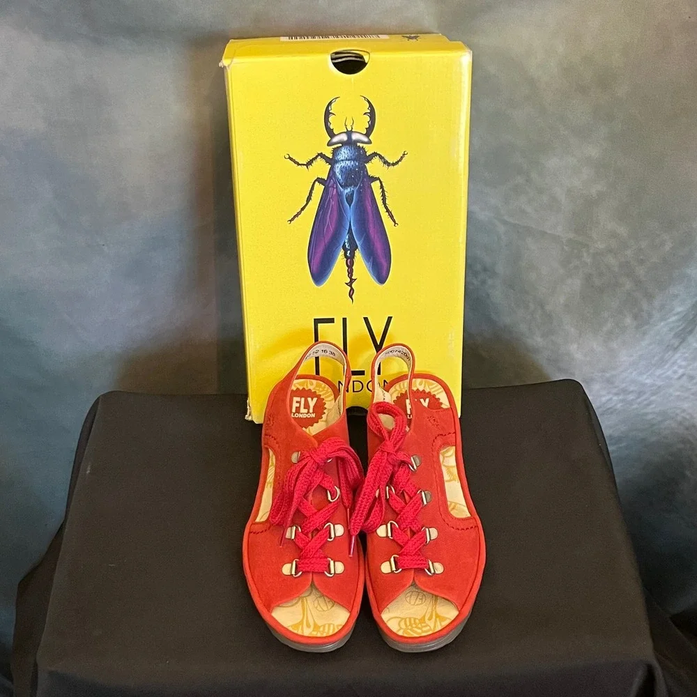 FLY LONDON Ylfa Red‎ Suede Lace Up Wedge Sandals Women Size 38
